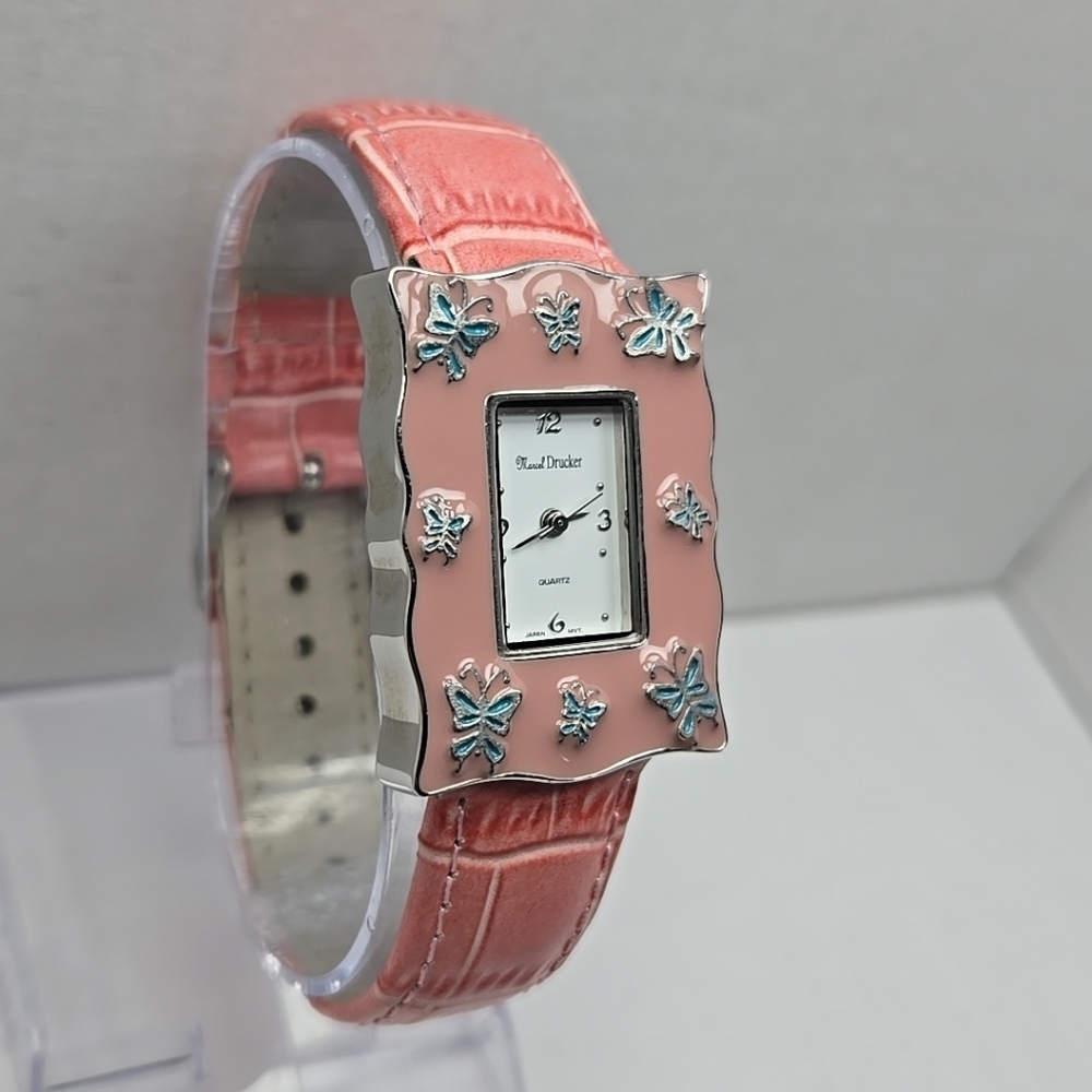 Womens Marcel Drucker Silver Tone Pink Enamel Blue Butterflies Watch New Battery - Picture 3 of 11